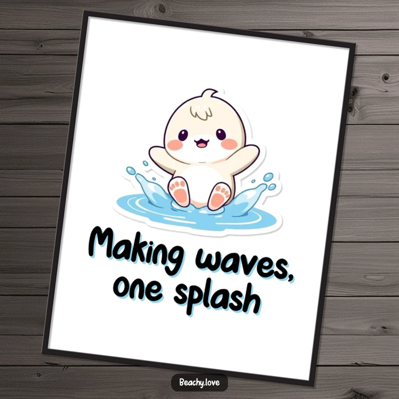 Funny free printable wall art of a kawaii character playfully splashing water with their feet, bringing a sense of joy and fun.