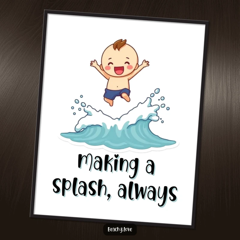 Funny Free Printable Wall Art: A cheerful character joyfully jumping over small waves, creating a spectacular, energetic splash.