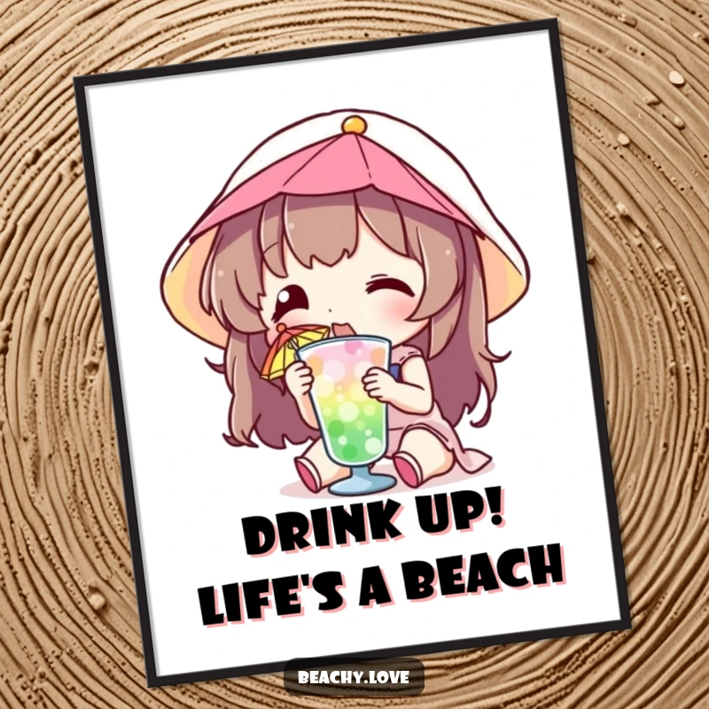 Funny free printable wall art showing a character happily sipping a colorful umbrella drink. Instant download for a tropical vibe.