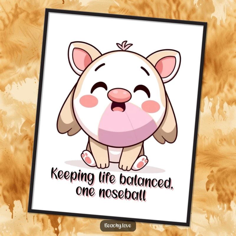Funny Free Printable Wall Art: Kawaii character surprised balancing beach ball on nose, comical, quirky decor.