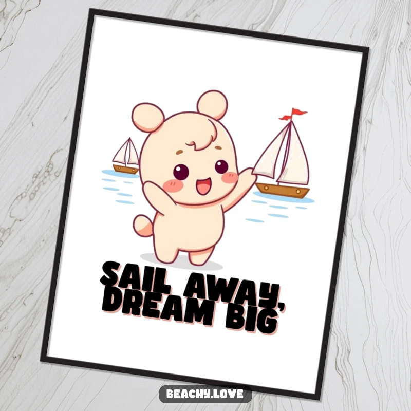 Funny free printable wall art of a kawaii character excitedly pointing at a distant sailboat, capturing the essence of wanderlust.