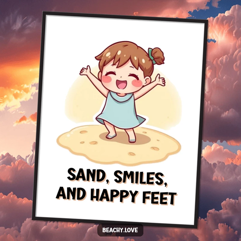 Funny Free Printable Wall Art: Character joyfully dances on warm sand, radiating happiness and fun.