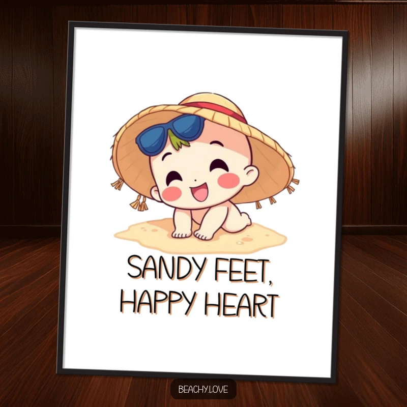 Funny Free Printable Wall Art: Happy character in a sun hat comically tripping and falling onto the sand.