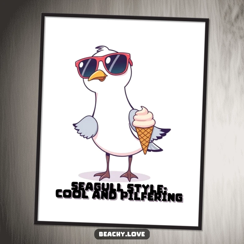 Funny Free Printable Wall Art: A seagull wearing oversized sunglasses, slyly trying to steal a tiny ice cream cone, beach theme.