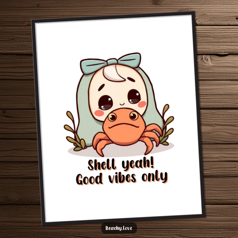 Funny free printable wall art depicting a character comically surprised by a small, friendly hermit crab. Instant download decor.
