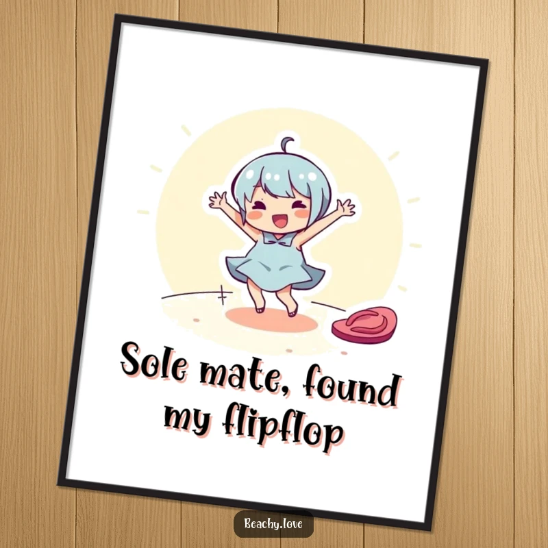 Funny Free Printable Wall Art: Cheerful character doing a happy dance around a discarded flip-flop, adding fun decor.