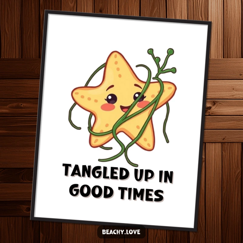 Funny Free Printable Wall Art: A smiling starfish comically tangled in green seaweed, nautical humor.