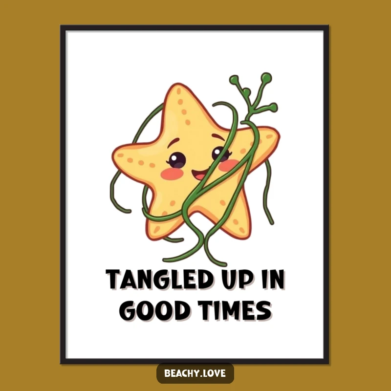 Free Printable Wall Art: Comical Starfish Tangled in Seaweed, Funny Downloadable Ocean Decor.