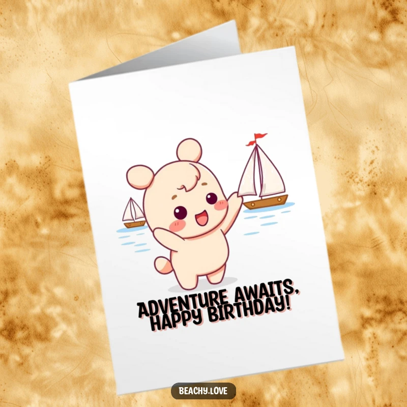 Funny free printable birthday card featuring a kawaii character excitedly pointing at a distant sailboat, symbolizing adventure and dreams.