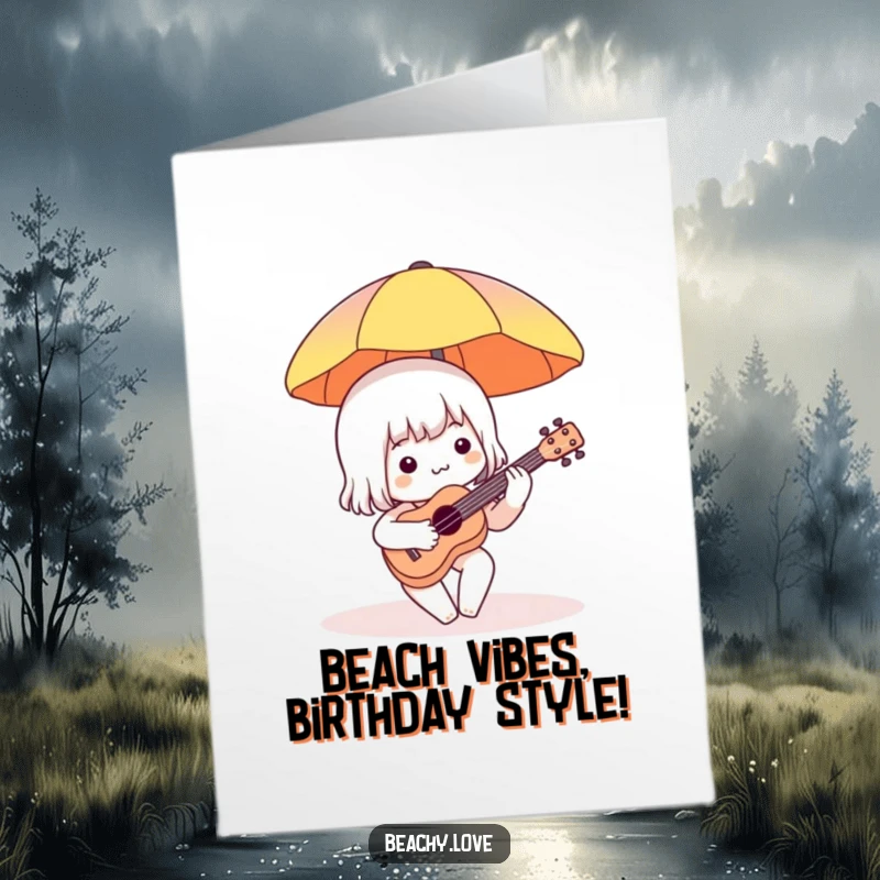 Funny Free Printable Birthday Card featuring a charming character strumming a tiny ukulele under a beach umbrella, ready for a party.
