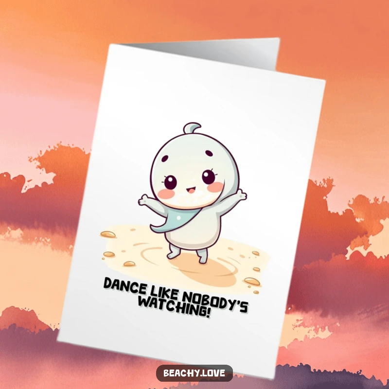 Funny free printable birthday card featuring a kawaii character doing a silly dance on warm sand, full of energetic celebration.