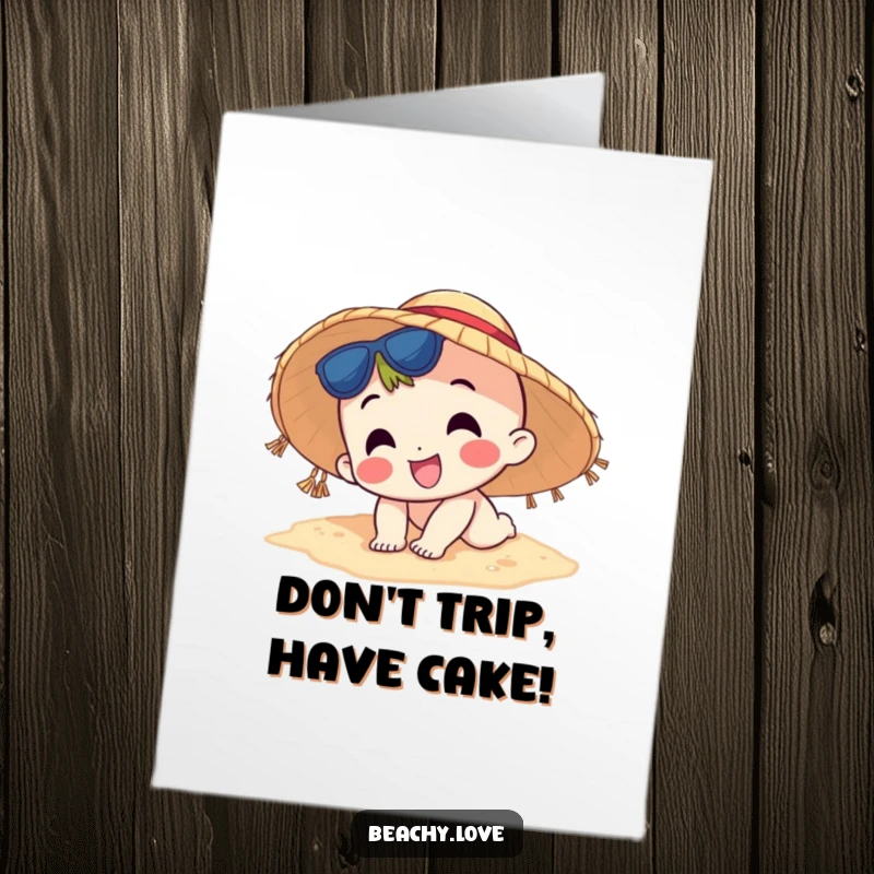 Funny Free Printable Birthday Card: Happy character in a sun hat comically tripping over sand, spilling items.