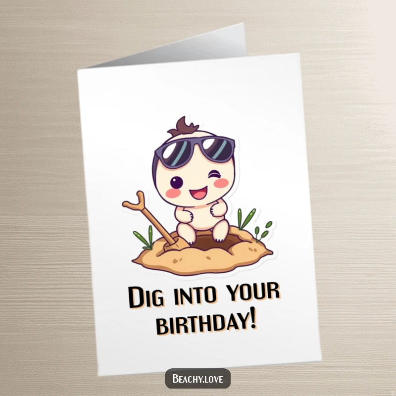 Funny Free Printable Birthday Card: Smiling character in sunglasses digging a hole with great enthusiasm.