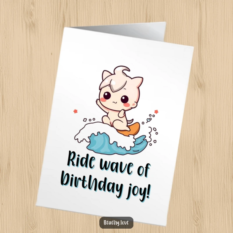 Funny Free Printable Birthday Card: Kawaii character happily riding a friendly wave, pure bliss, DIY gift.