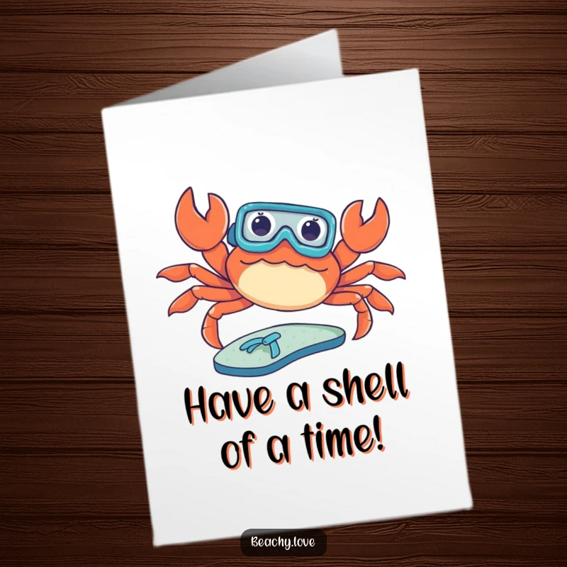Funny Free Printable Birthday Card: A crab wearing a tiny snorkel, sunbathing on a flip-flop, celebrating a birthday.