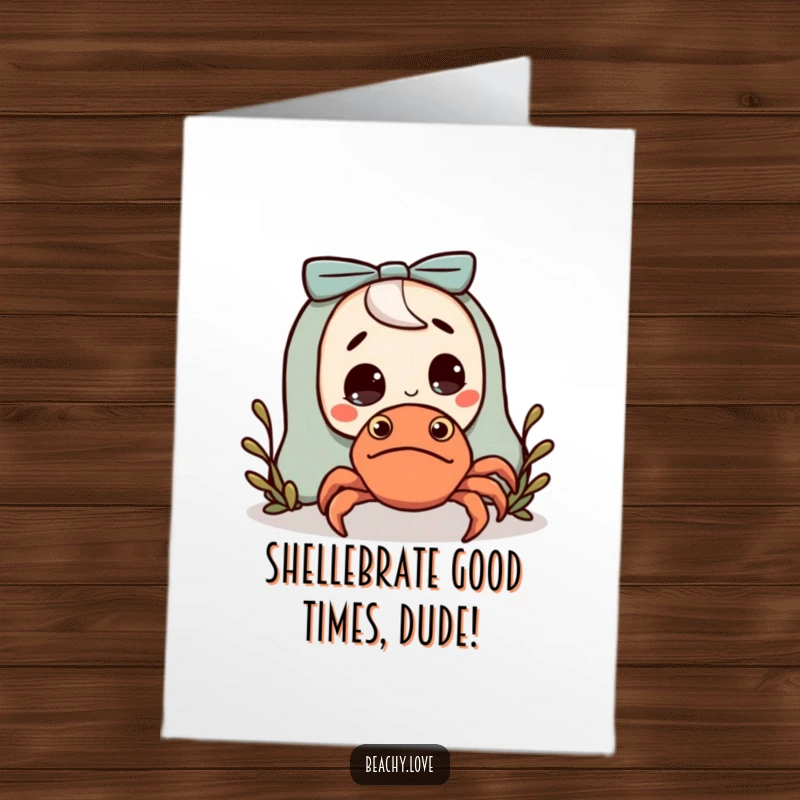 Funny free printable birthday card featuring a character surprised by a tiny, friendly hermit crab. Easy DIY digital download.