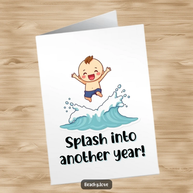 Funny Free Printable Birthday Card: Cheerful figure making a huge splash while jumping over small waves, full of joy.