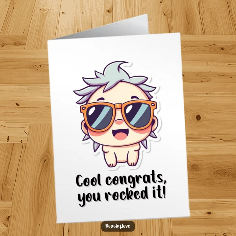 Funny Free Printable Congrats Card: Kawaii character with oversized sunglasses, wide smile, stylish success, download.