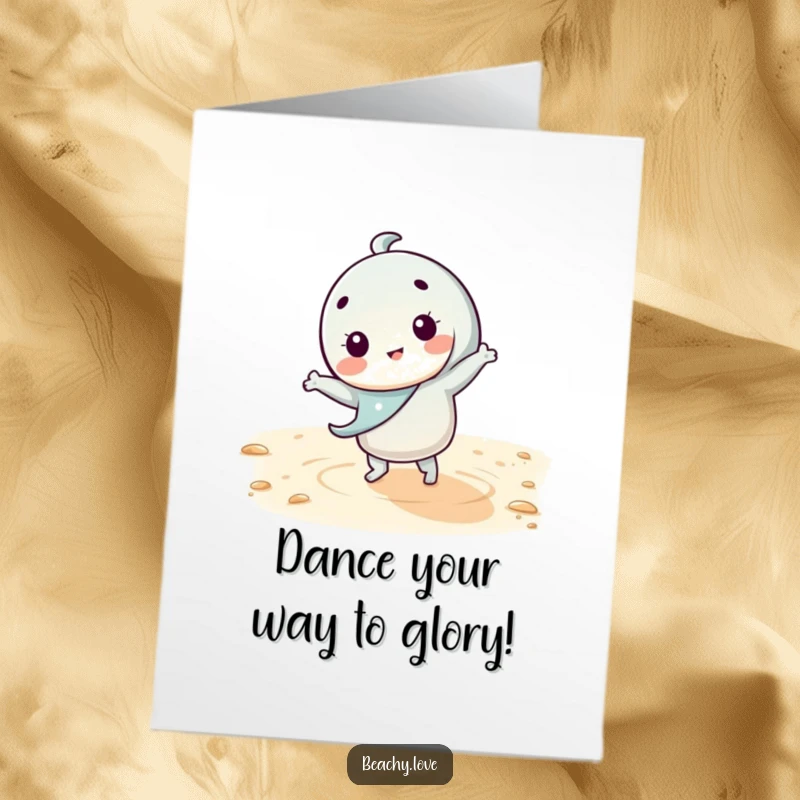 Funny free printable congratulations card showing a kawaii character doing a silly dance on warm sand, expressing pure joy and celebration.