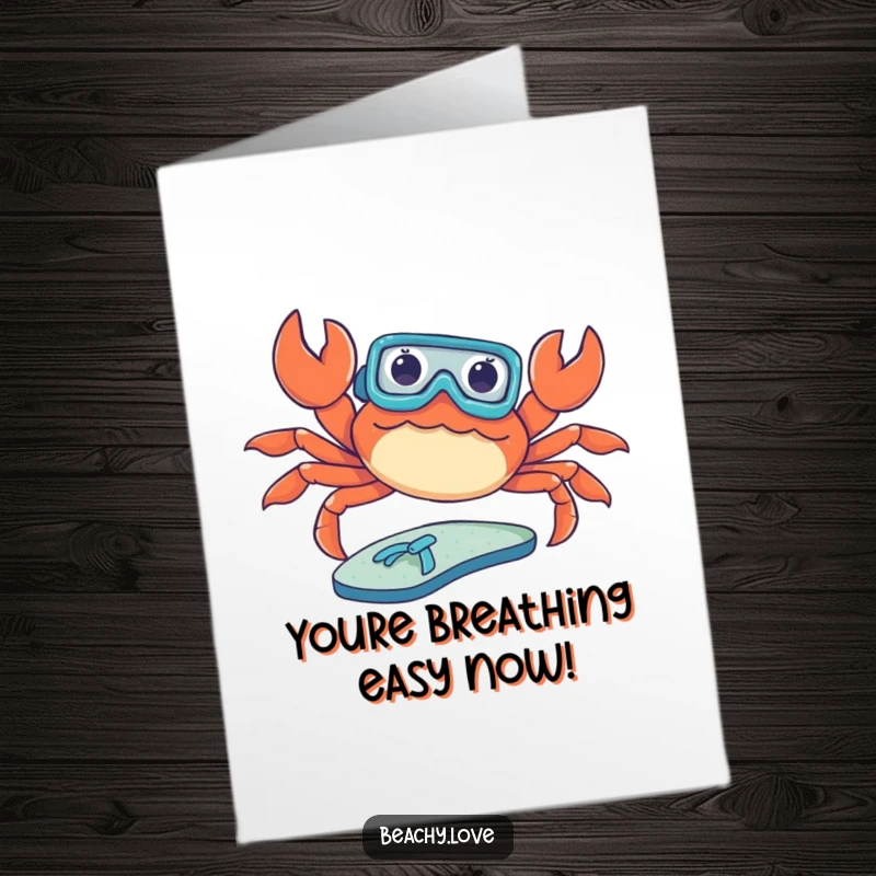Funny Free Printable Congratulations Card: A crab wearing a tiny snorkel attempts to sunbathe on a flip-flop, celebrating success.