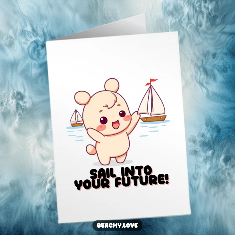Funny free printable congratulations card showing a kawaii character excitedly pointing at a distant sailboat, celebrating aspirations and goals.