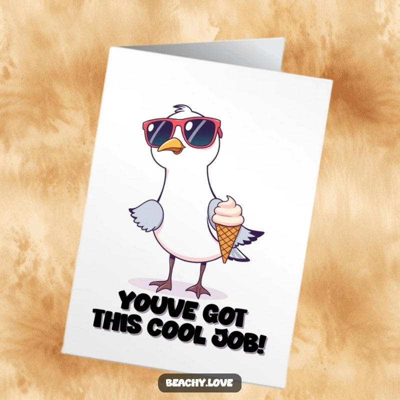 Funny Free Printable Congratulations Card: A seagull wearing oversized sunglasses trying to steal a tiny ice cream cone in celebration.