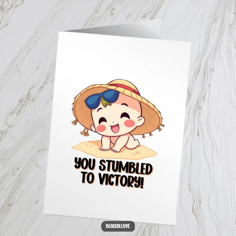 Free Printable Congratulations Card: Happy character wearing a sun hat comically tripping on the sand, a funny depiction of effort.