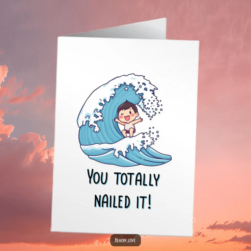 Free Printable Congratulations Card: Small character with a wide smile joyfully riding a large, breaking ocean wave.