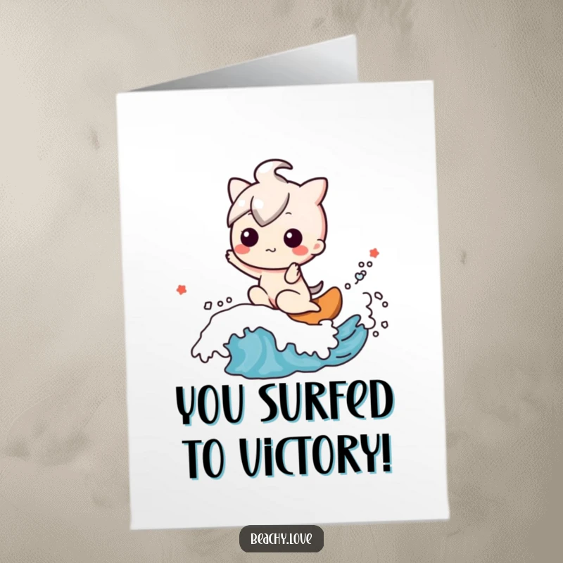 Funny Free Printable Congrats Card: Kawaii character riding a friendly wave, celebrating success, unique gift.
