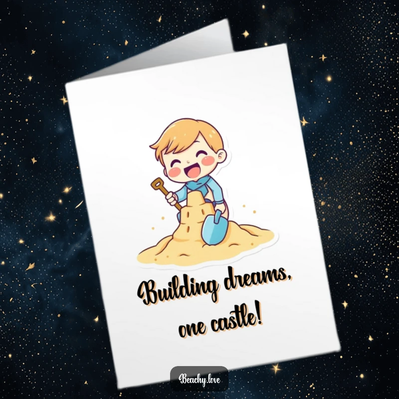 Funny free printable congratulations card showing a tiny character gleefully building a sandcastle, celebrating a brilliant accomplishment.
