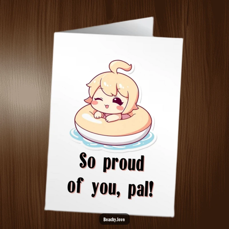 Funny Free Printable Congrats Card featuring a relaxed kawaii character winking from an inflatable, downloadable celebration art.