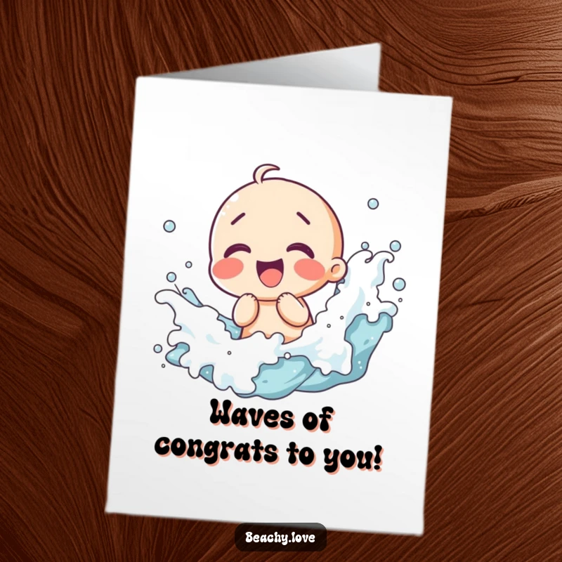 Funny Free Printable Congrats Card: a kawaii character giggles as playful waves splash around them, ready for download.
