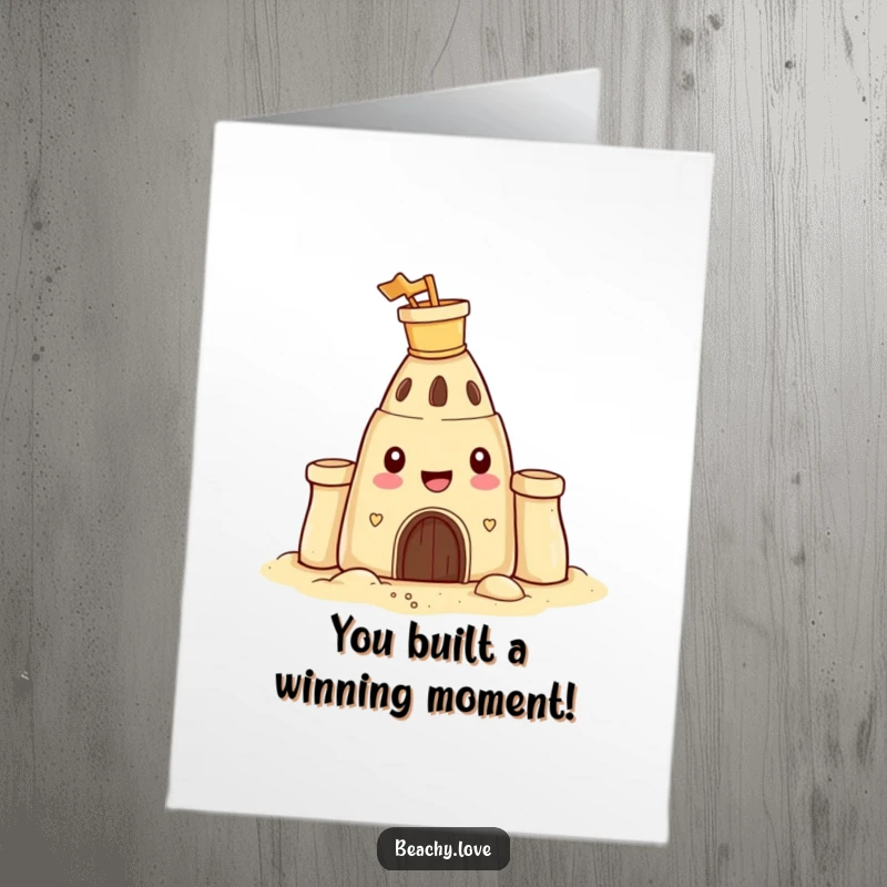 Funny Free Printable Congratulations Card: A happy sandcastle with a bucket and spade, cheering success.