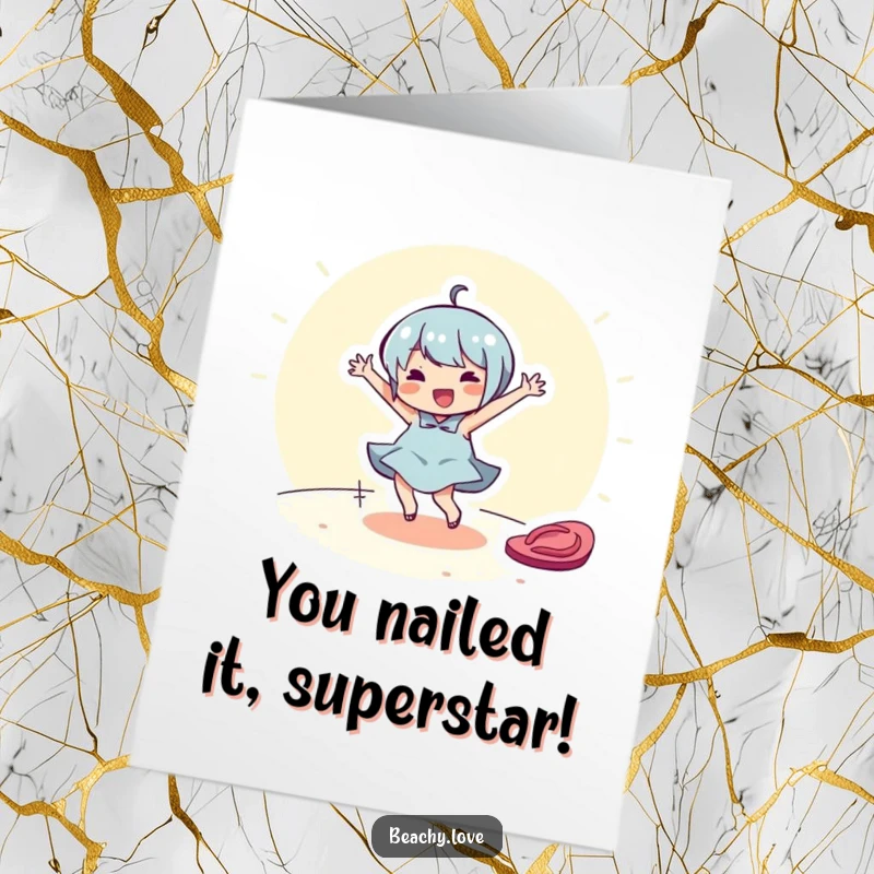 Funny Free Printable Congratulations Card: Cheerful character dancing around a flip-flop, celebrating an achievement with zest.