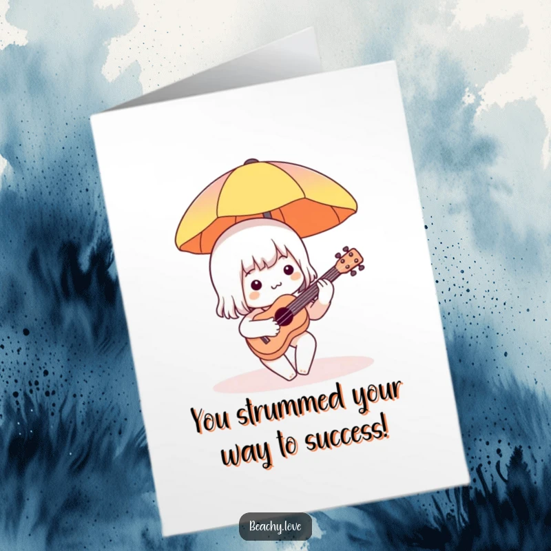 Funny Free Printable Congratulations Card, charming character with ukulele under umbrella, celebrating success with a musical flair.