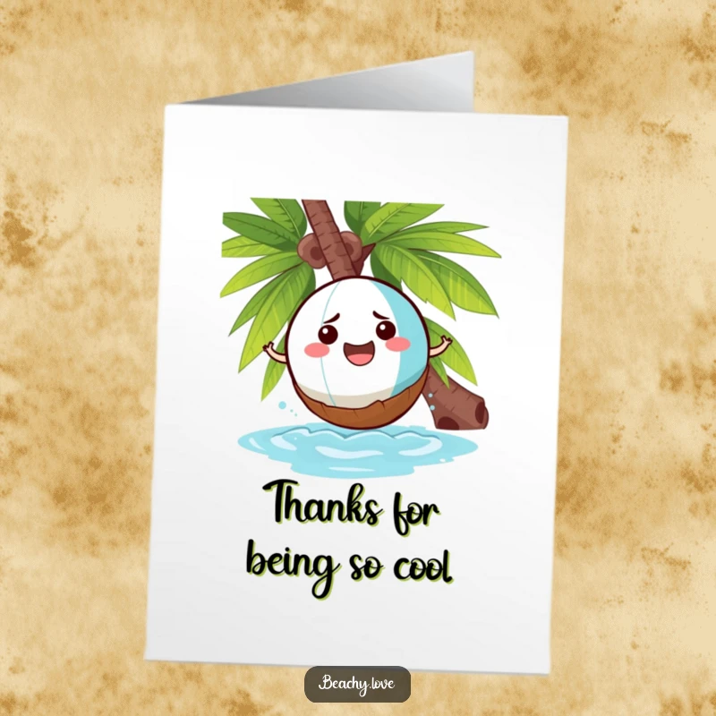 Funny Free Printable Thank You Card: Cheerful beach ball comically hitting a grumpy coconut, expressing thanks.