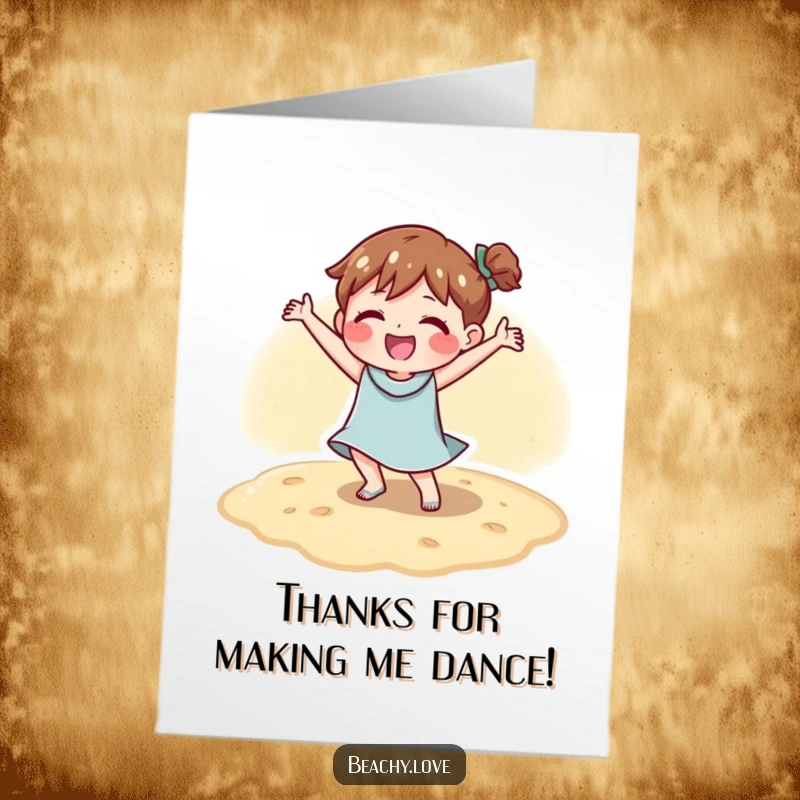 Funny Free Printable Thank You Card: Character doing a happy dance on warm sand, expressing thanks with glee.