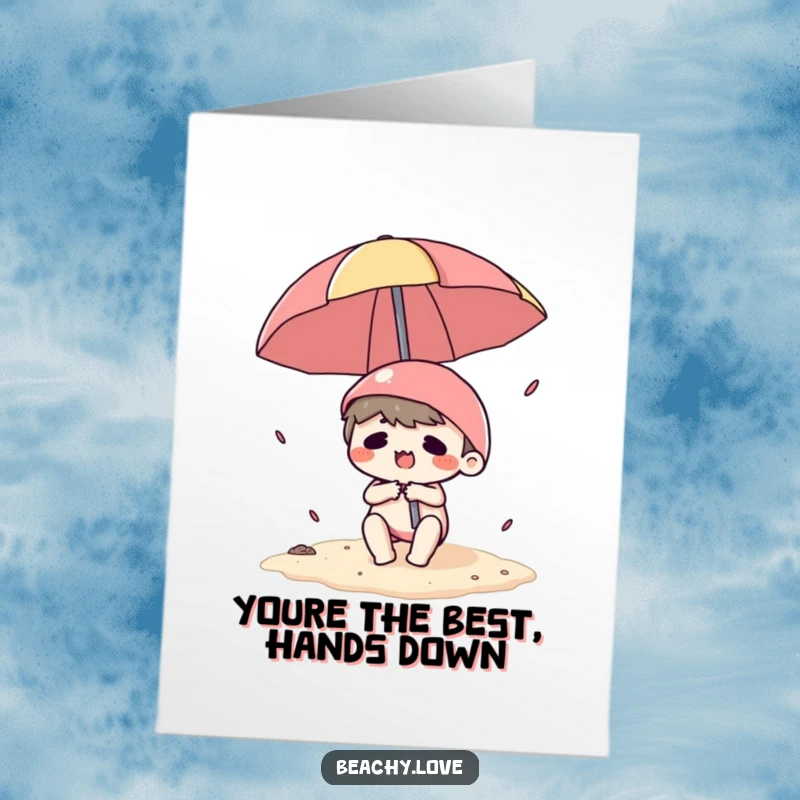 Funny Free Printable Thank You Card: a cute kawaii character in a comical struggle with a beach umbrella, available for printing.