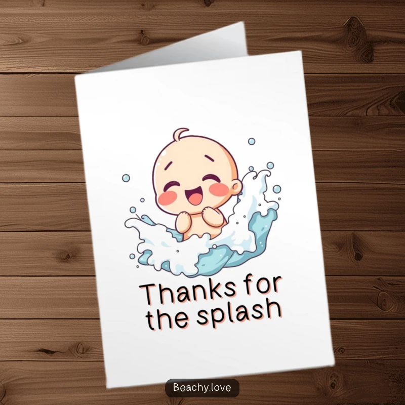 Funny Free Printable Thank You Card: a kawaii character giggling amidst delightful wave splashes, available for printing.