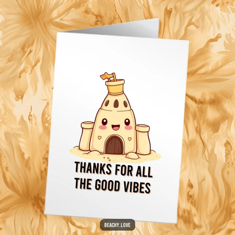 Funny Free Printable Thank You Card: A happy sandcastle wearing a bucket and spade, giving thanks.