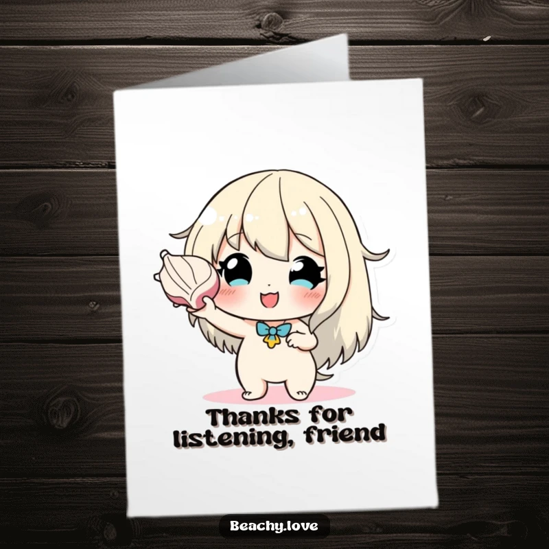 Funny Free Printable Thank You Card, hopeful character listening to seashell, hearing words of thanks, gentle and humorous.