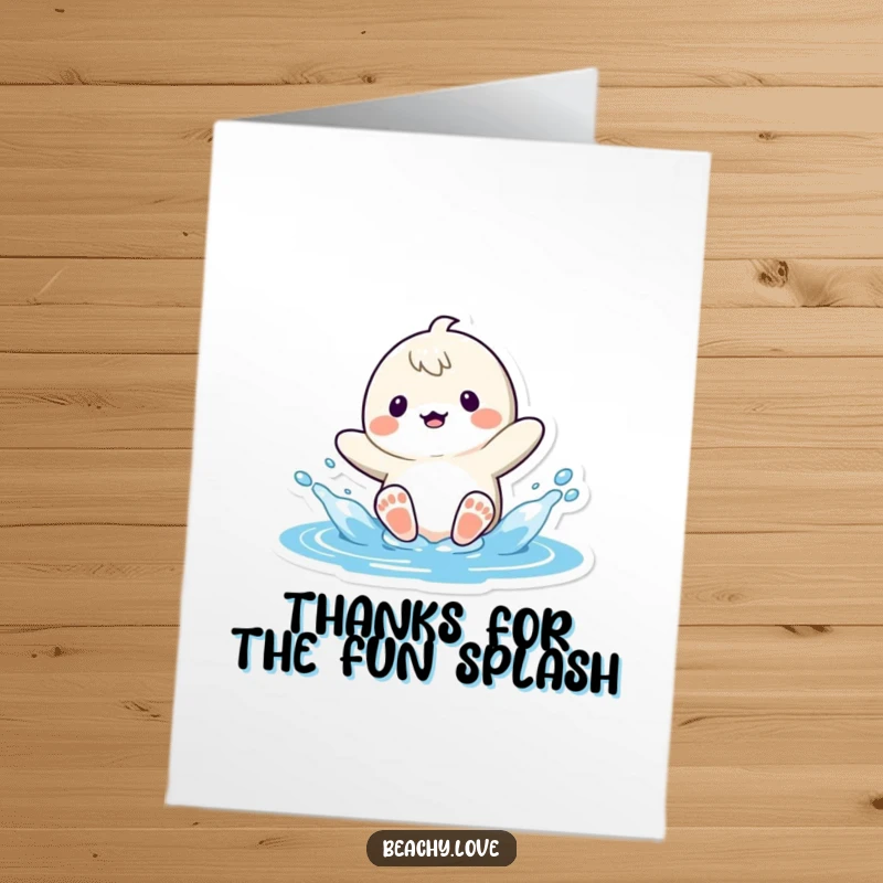 Funny free printable thank you card featuring a kawaii character playfully splashing water with their feet, a fun way to express thanks.