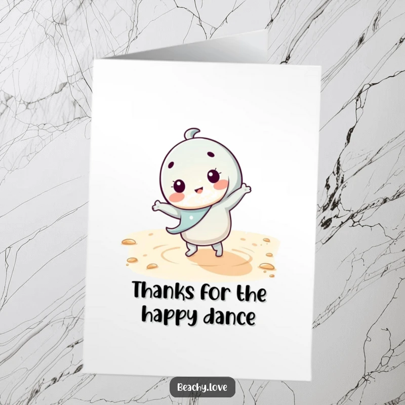 Funny free printable thank you card with a kawaii character doing a silly dance on warm sand, a joyful way to say thank you.