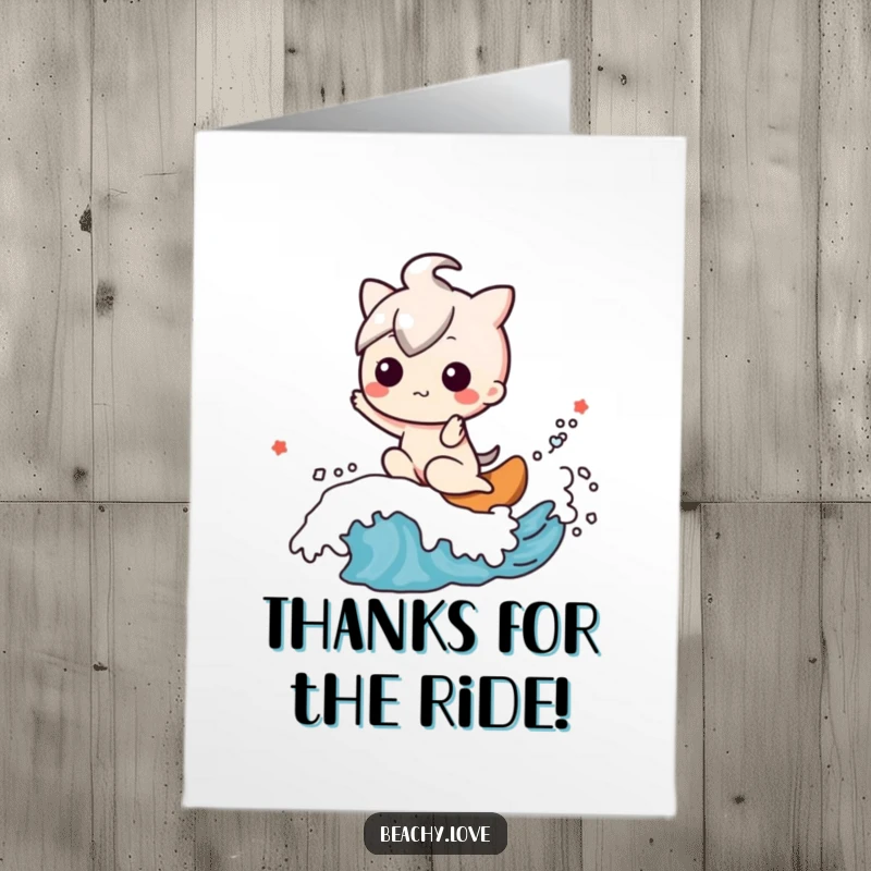 Funny Free Printable Thank You Card: Kawaii character riding a friendly wave, expressing thanks, DIY joy.