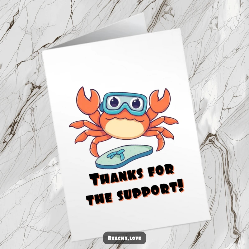 Funny Free Printable Thank You Card: A crab wearing a tiny snorkel, sunbathing on a flip-flop, conveying thanks.