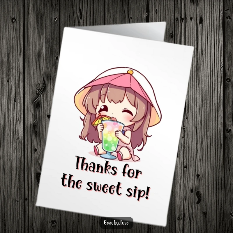 Funny free printable thank you card of a character relaxing with a tiny umbrella drink. Easy printable gratitude.