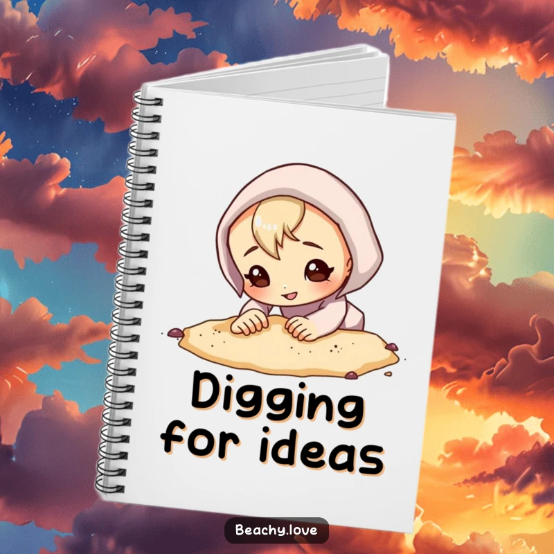 Funny notebook cover with a curious character digging in the sand with a determined grin, inspiring notes on adventures and discoveries.