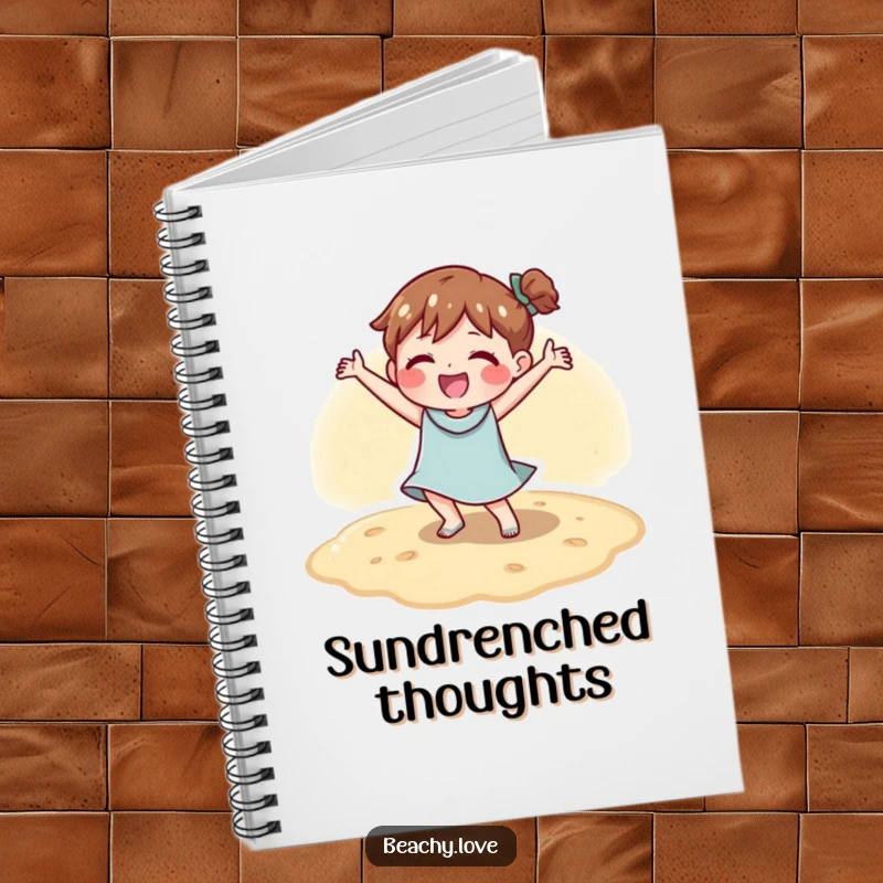 Funny notebook cover with a character doing a happy dance on warm sand, inspiring joyful and creative writing.