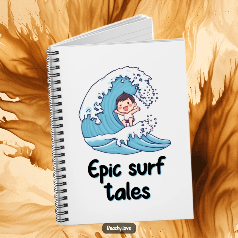 Funny notebook with a small, smiling character joyfully surfing a breaking wave, perfect for journaling and creative ideas.