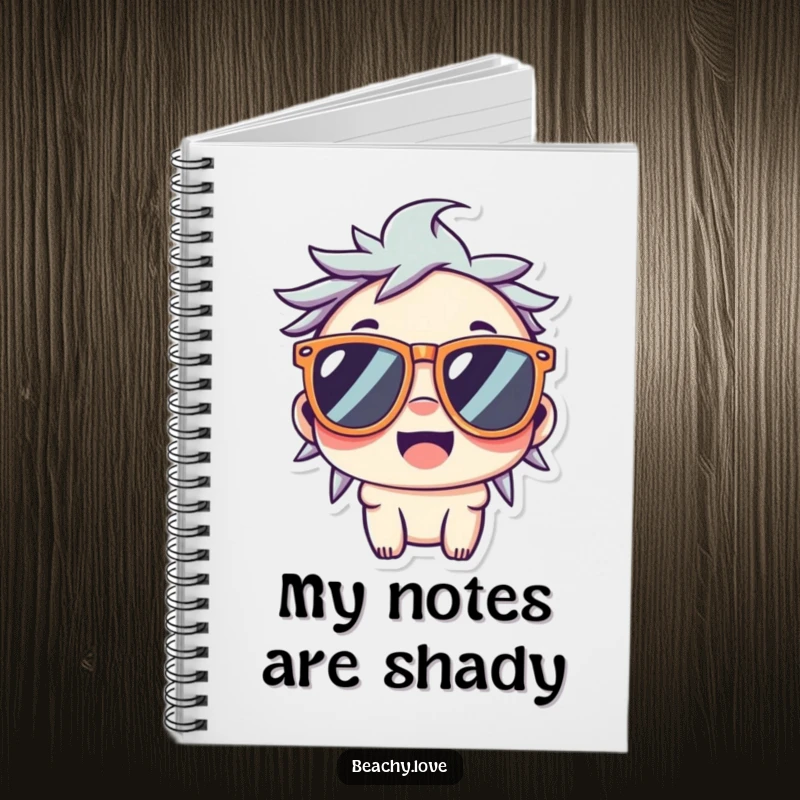 Funny notebook with a smiling kawaii character wearing oversized sunglasses, inspiring cool and creative thoughts.